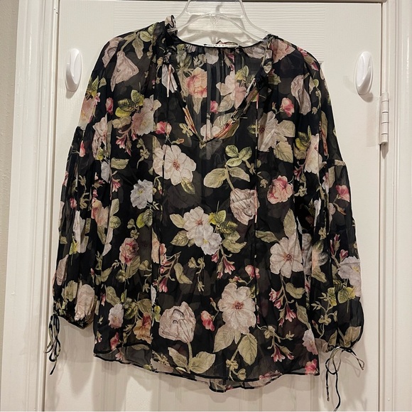 Alice + Olivia Julius Floral Blouse Women’s Small Blouson Sleeve Silk Sheer Top - Picture 3 of 11